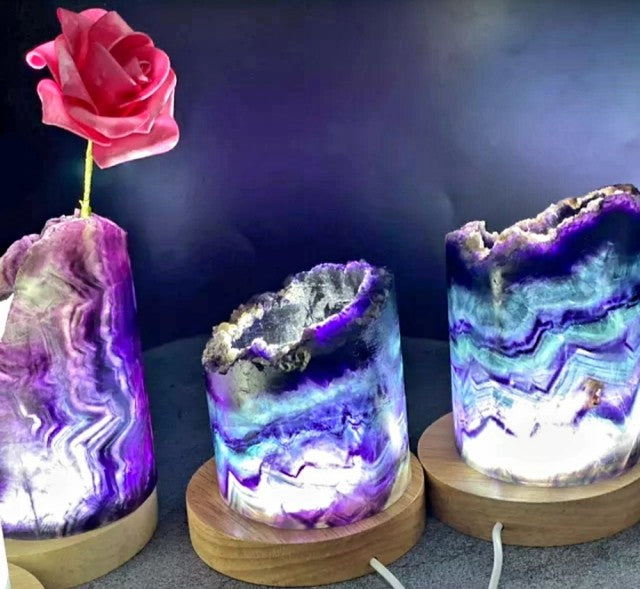 Vakre Fluoritt Regnbue Cylinderlamper i rÅkrystall, AA Kvalitet, polert ca. 7 x 7cm og remote control