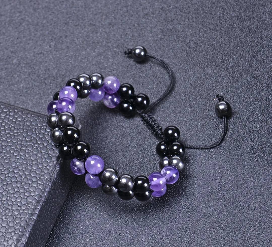 Nye Chambhala 2 rader 8mm Ametyst armbånd med sort Onyx og Hematite, justerbare