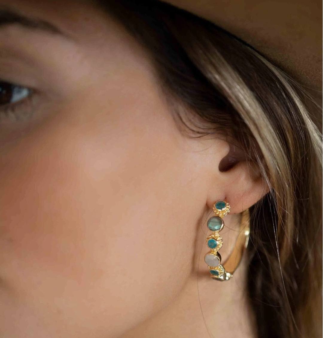 CILA Big Ring Earrings w/ Labradorite , Moonstone 18K Goldplated