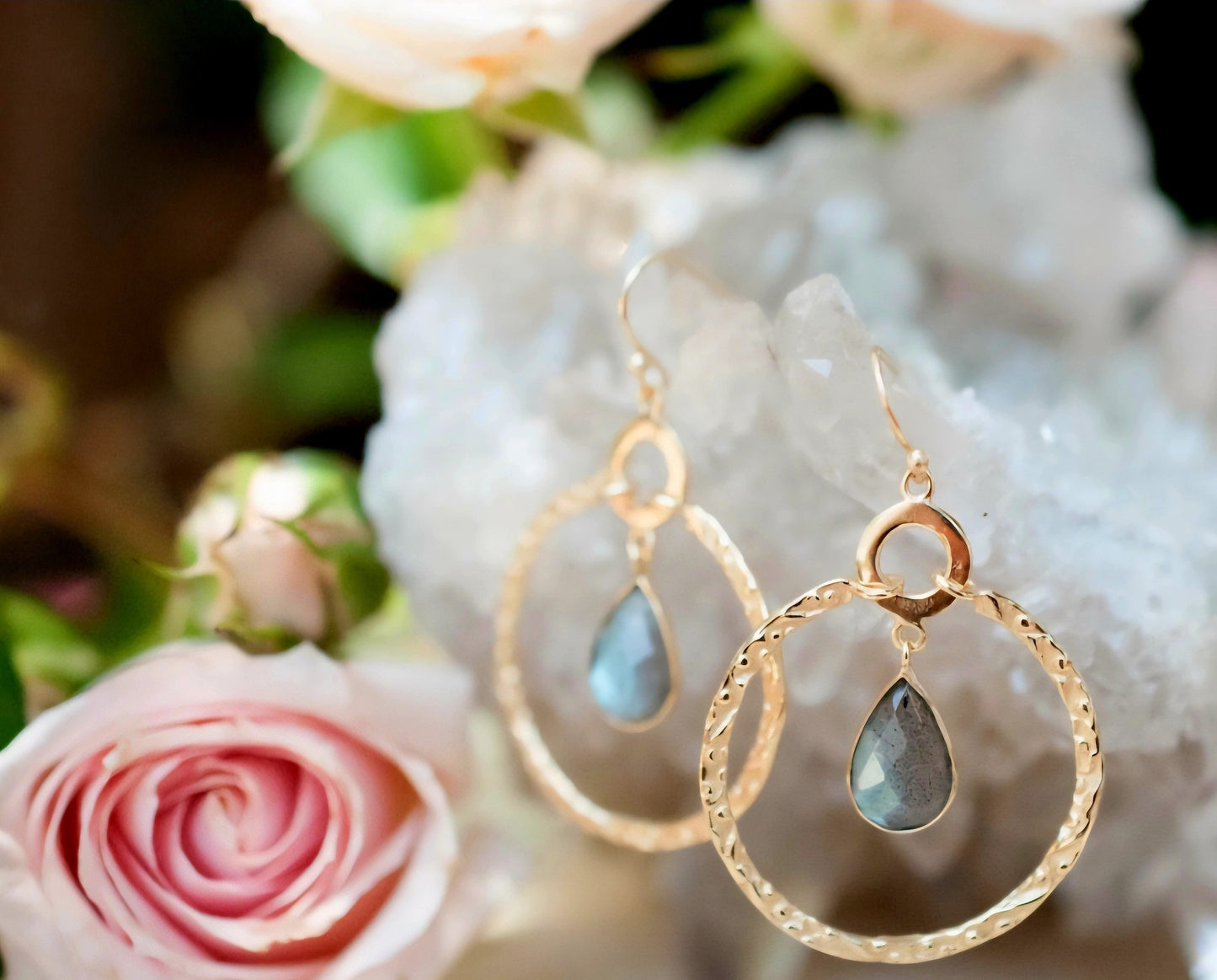 CILA Big Ring Earrings w/ Labradorite Stone , 18K Goldplated