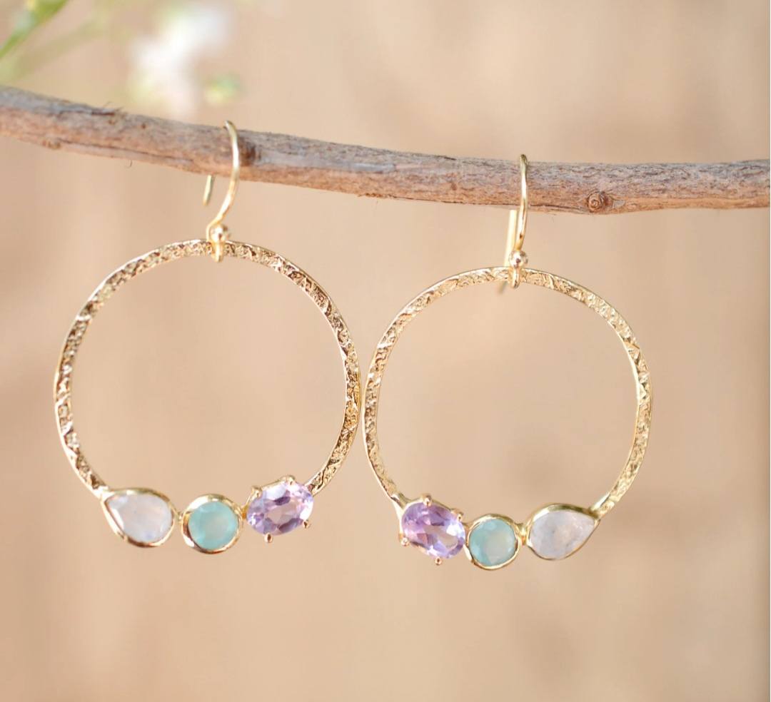 CILA Big Ring Earrings w/ Chalsedony, Moonstone, Ametyst, 18K Goldplated