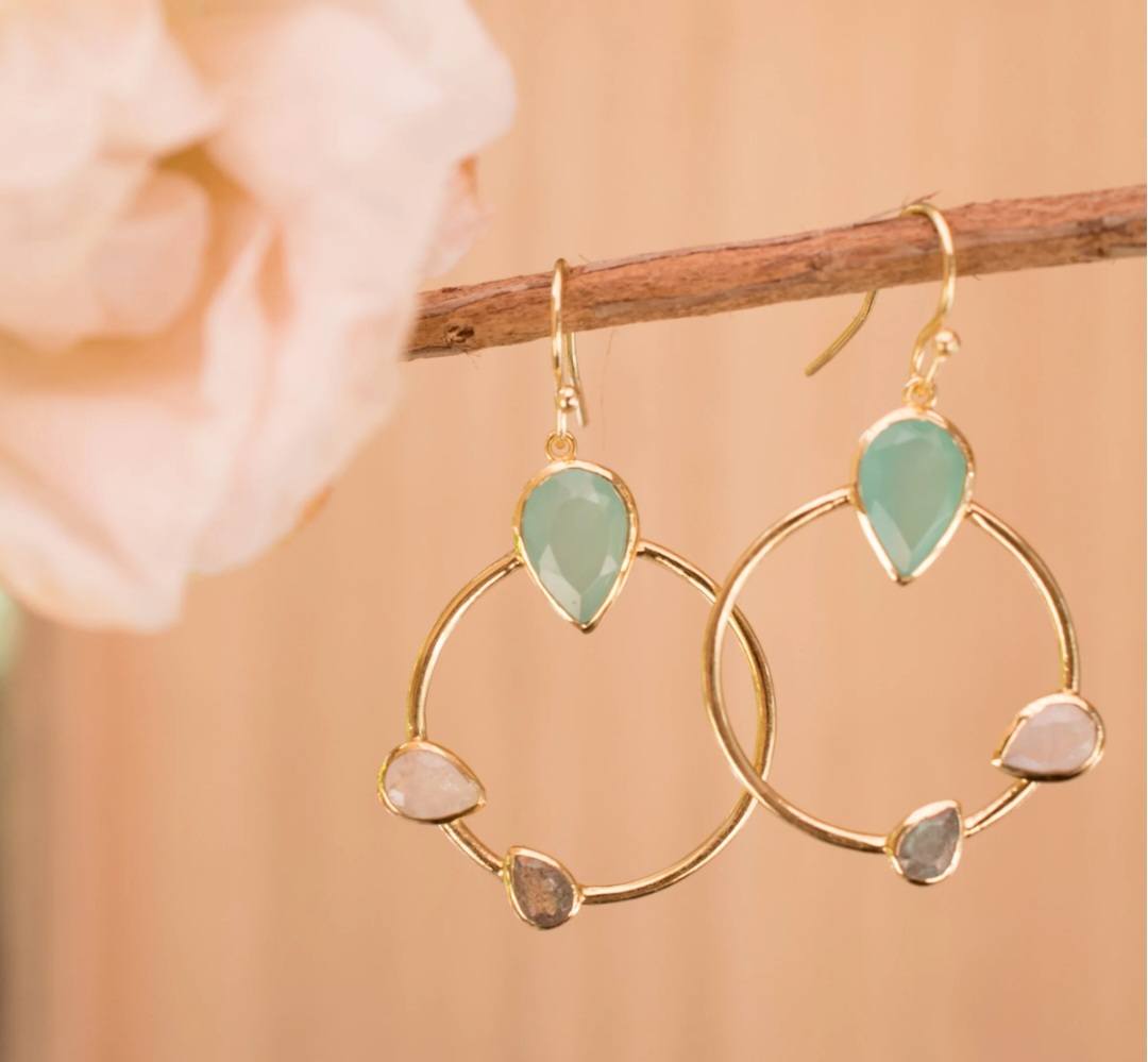 CILA Big Ring Earrings w/ Aqua Chalsedony, Labradorite, Moonstone, 18K Goldplated