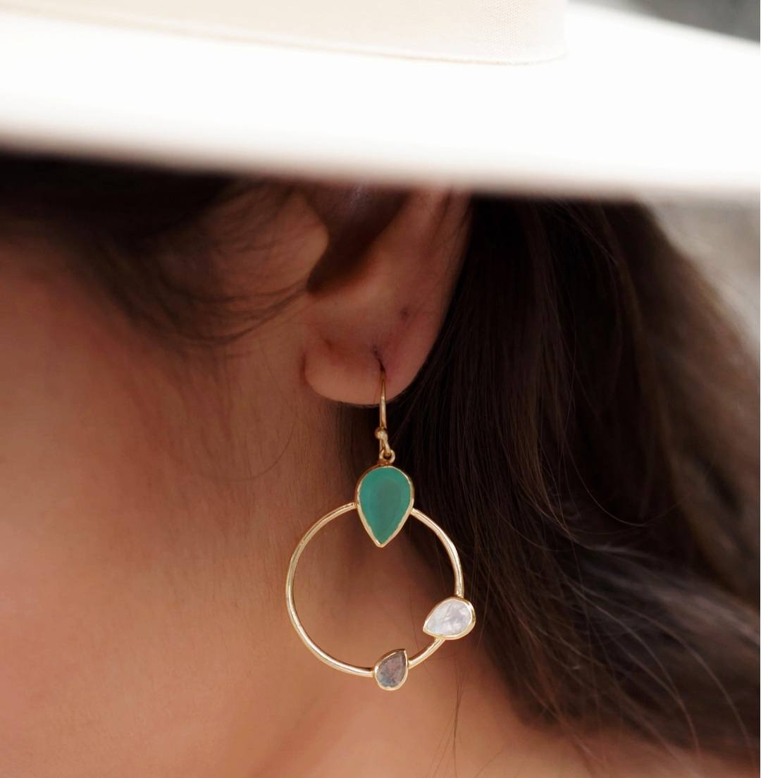 CILA Big Ring Earrings w/ Aqua Chalsedony, Labradorite, Moonstone, 18K Goldplated