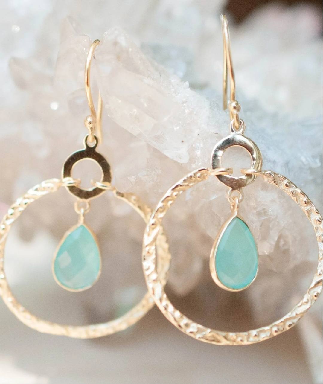 CILA Big Ring Earrings w/ Aqua Chalsedony Stone , 18K Goldplated