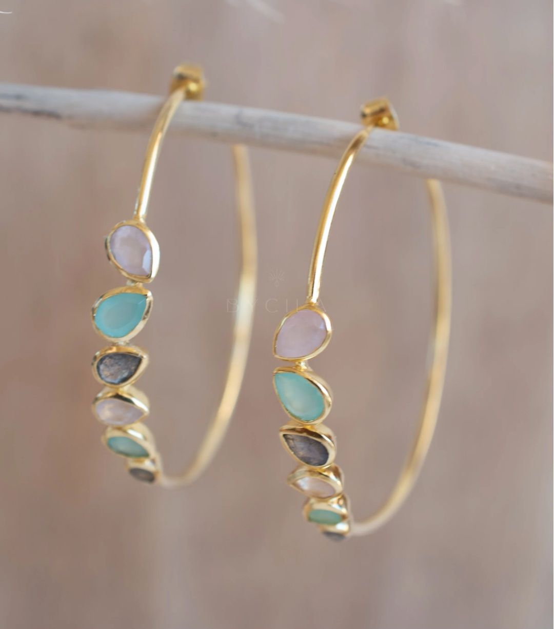 CILA Big Ring Earrings w/ Labradorite, Aqua Chalsedony, Rose Quartz; Stones, 18K Goldplated
