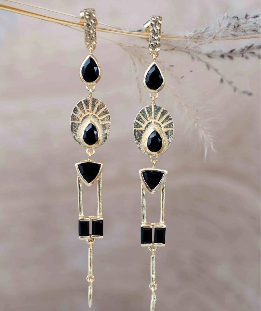 CILA ARIA Long Drop Earrings w/ Sort ONYX , 18K Goldplated