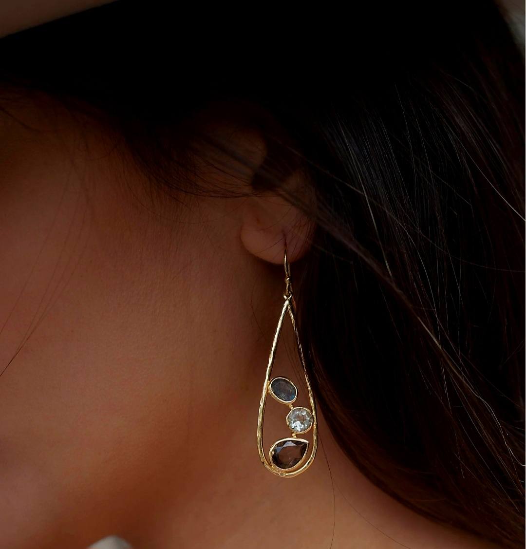 CILA Oval Ring Design Labradorite, Green Ametyst, Smoky Quartz Earrings , 18K Goldplated