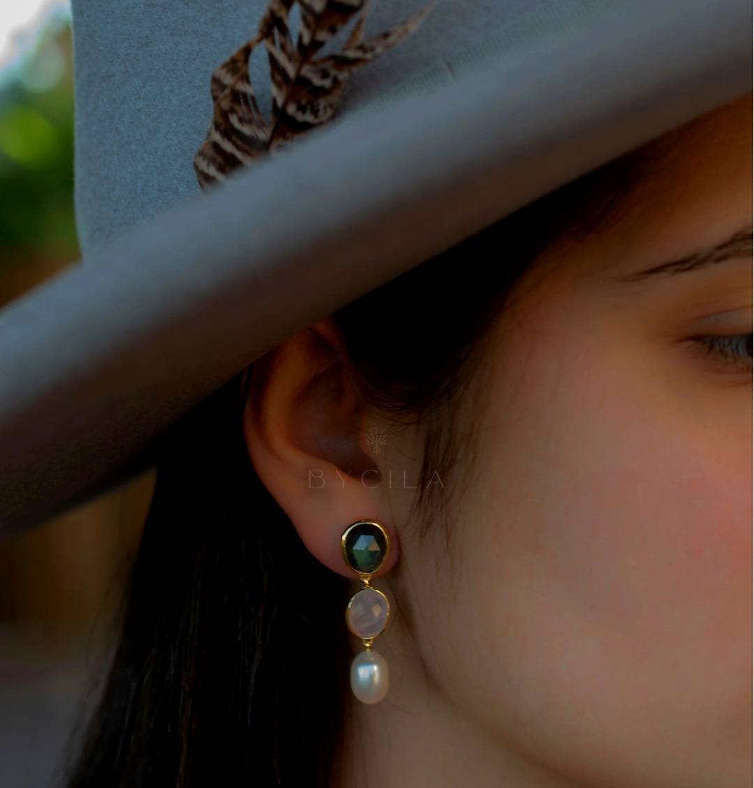 CILA Long Design Rose Quartz, Labradorite, Pearl Stud Earrings , 18K Goldplated