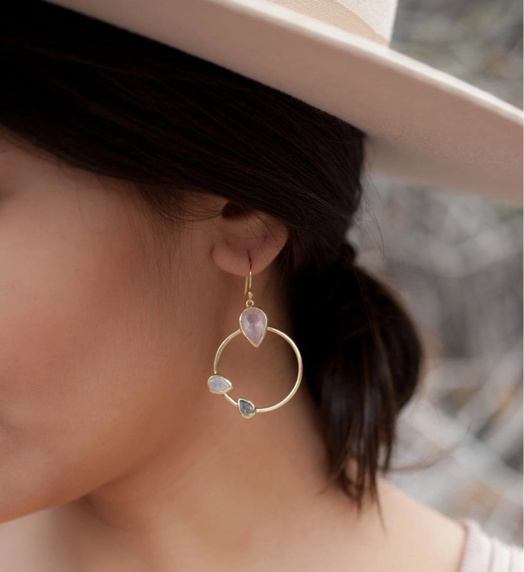CILA Ring Design Calcedony, Labradorite & Moonstone, Pearl Stud Earrings , 18K Goldplated