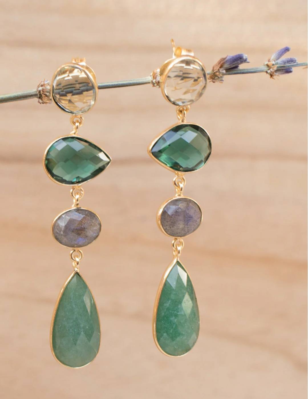 CILA Long Design Earrings w/ Topaz, , Labradorite, Aventurine, Green Tourmaline Hydro , 18K Goldplated