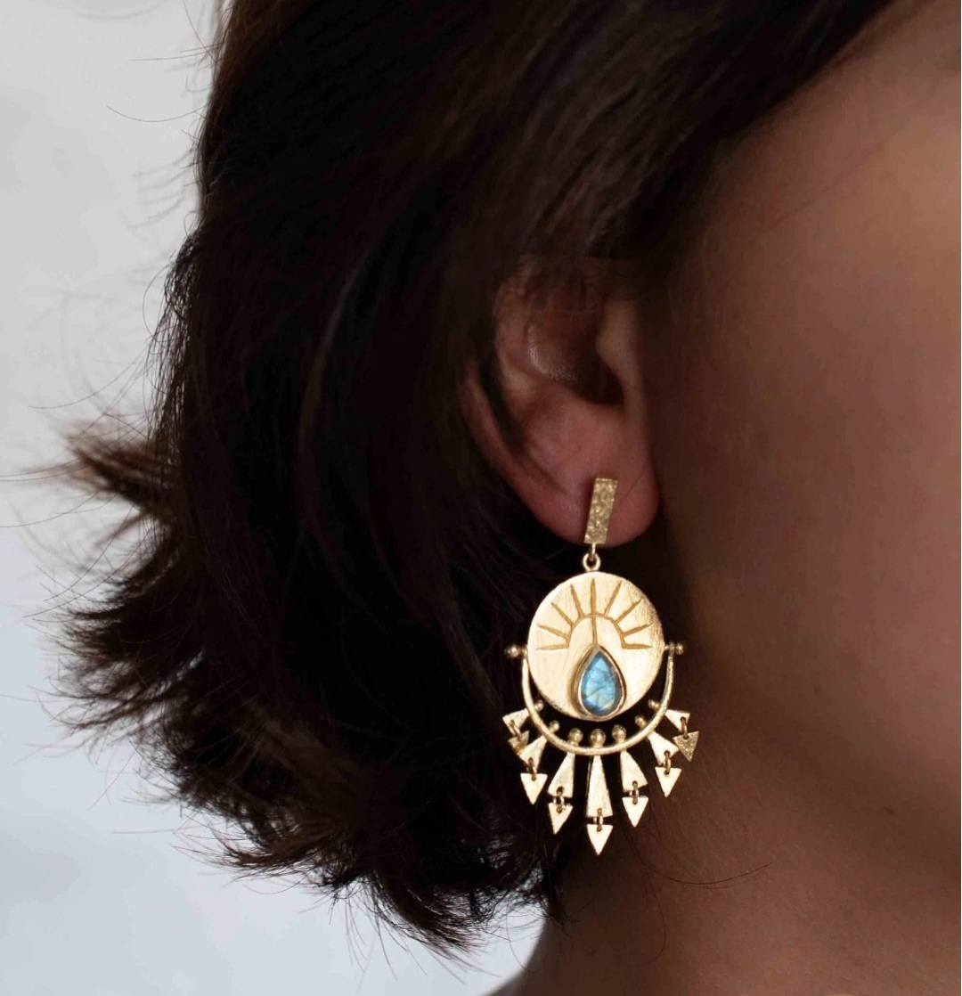 CILA "Evil Eye" Drop Design Earrings w/ Labradorite , 18K Goldplated