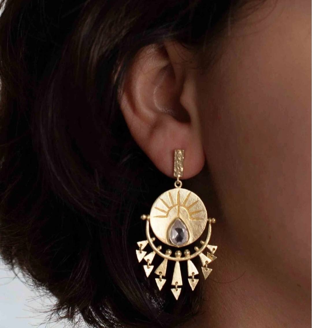 CILA "Evil Eye" Drop Design Earrings w/ ROSE QUARTZ , 18K Goldplated
