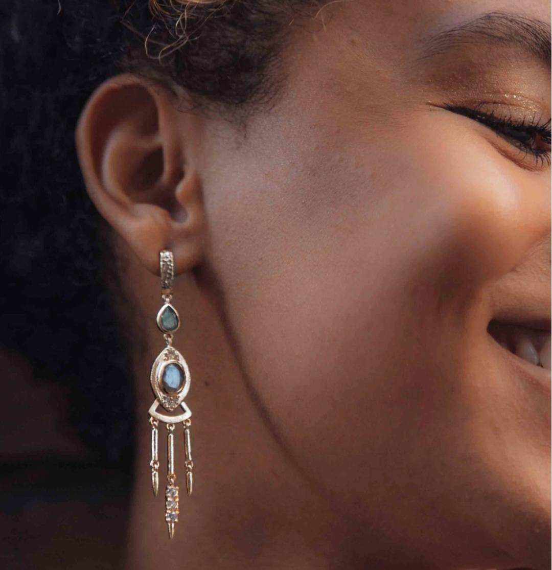 CILA Long Drop Earrings w/ Labradorite , Zircona 18K Goldplated