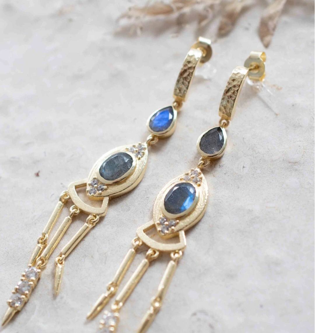 CILA Long Drop Earrings w/ Labradorite , Zircona 18K Goldplated