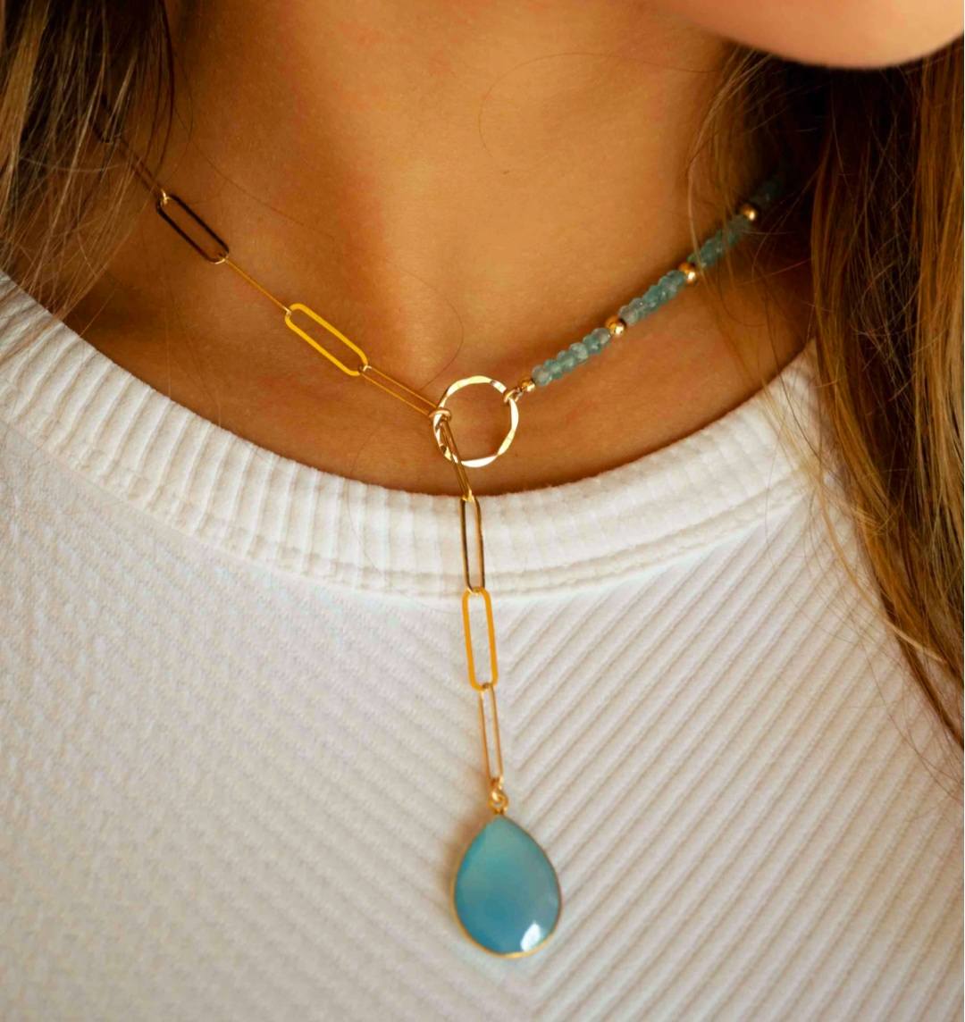 Nytt og enkelt Cila Mikki Designkjede, Blue Chalsedony Tear Drop Anheng,18 K Gold Vermeil