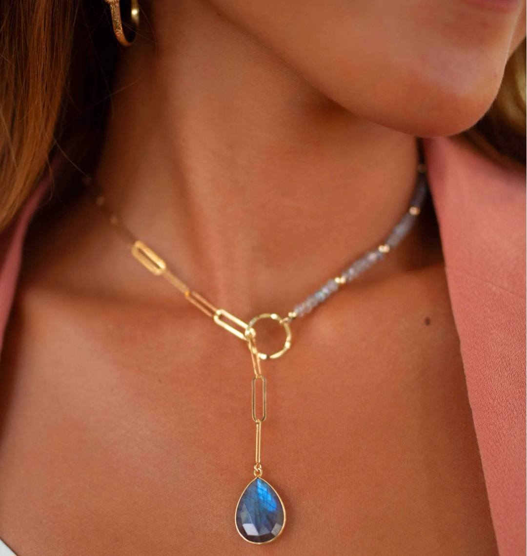 Nytt og enkelt Cila Mikki Designkjede, Labradorite Tear Drop Anheng,18 K Gold Vermeil