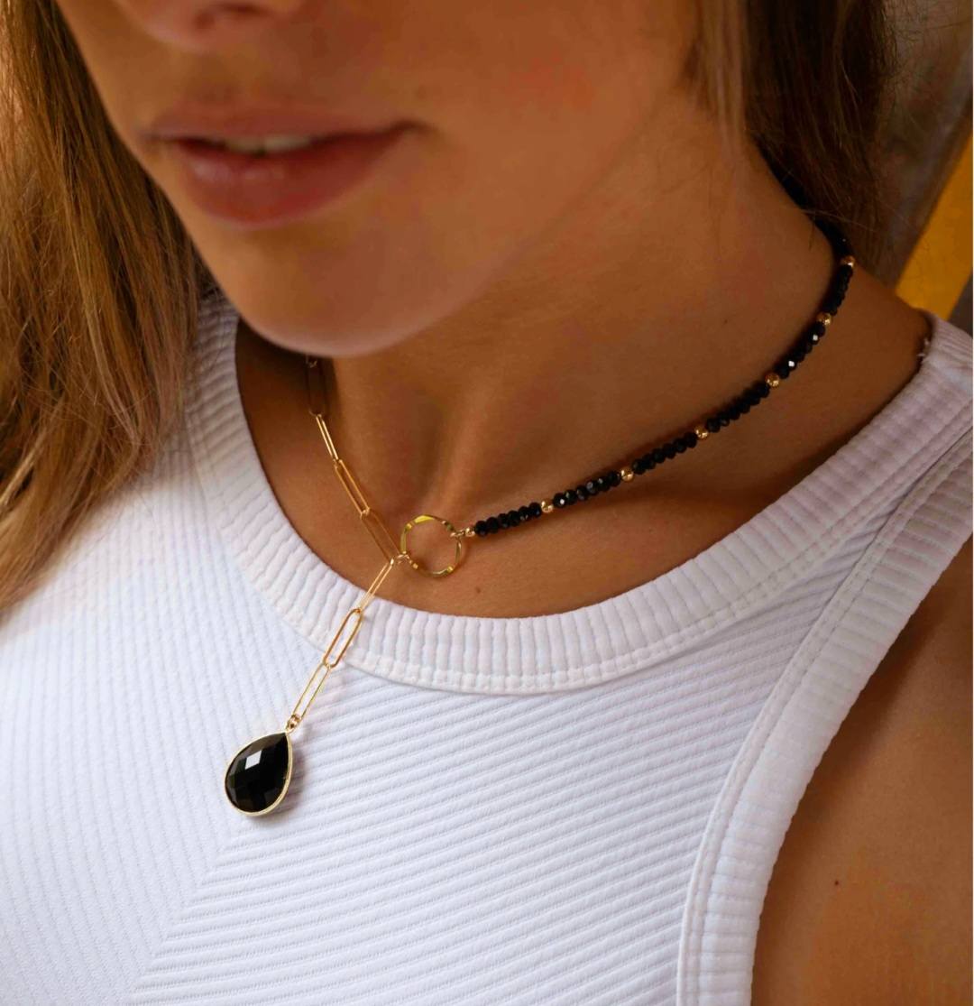 Nytt og enkelt Cila Mikki Designkjede, Sort Onyx Tear Drop Anheng,18 K Gold Vermeil