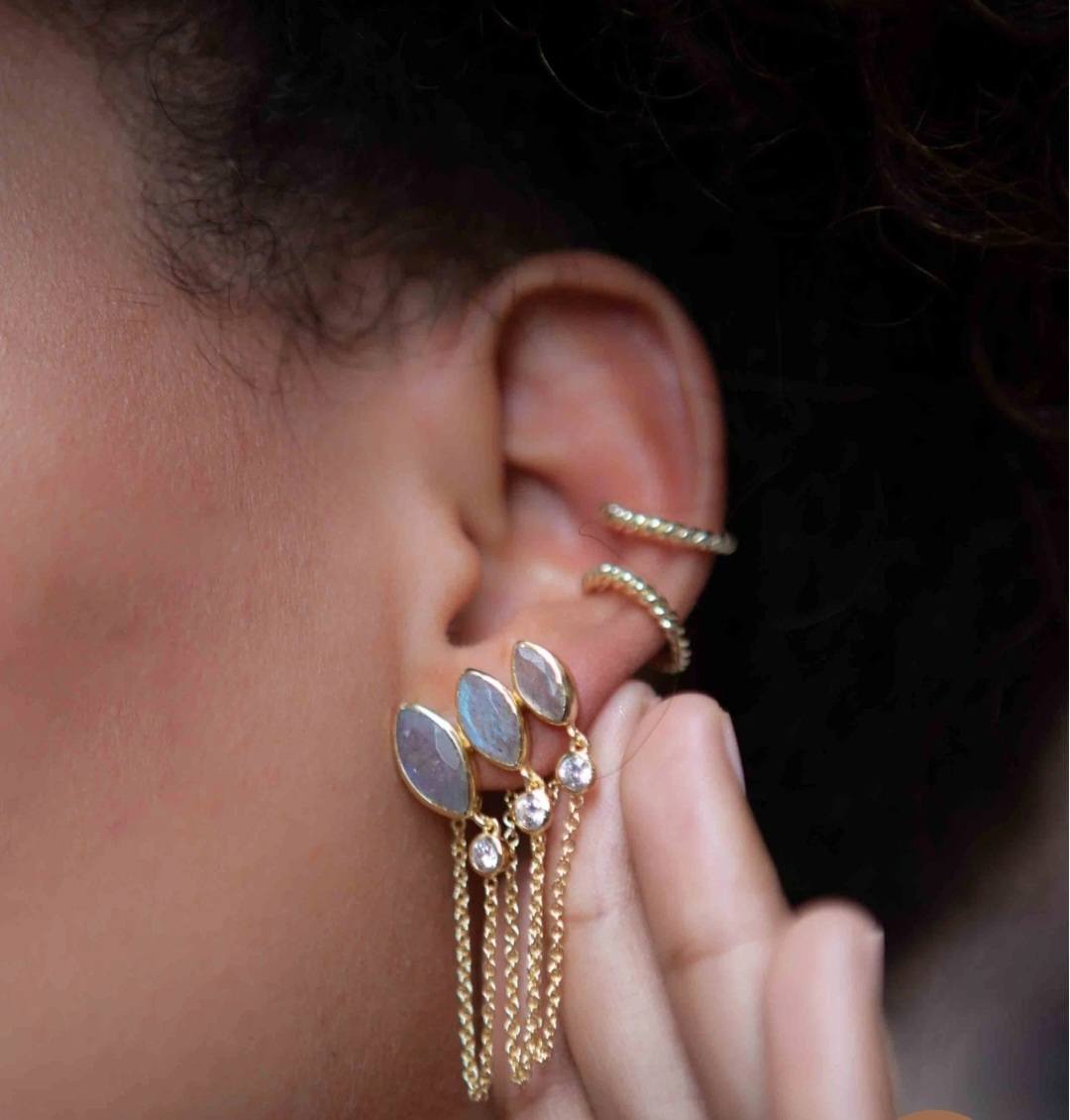 CILA Design 3 stone Labradorite & Zircona Stud Earrings , 18K Goldplated