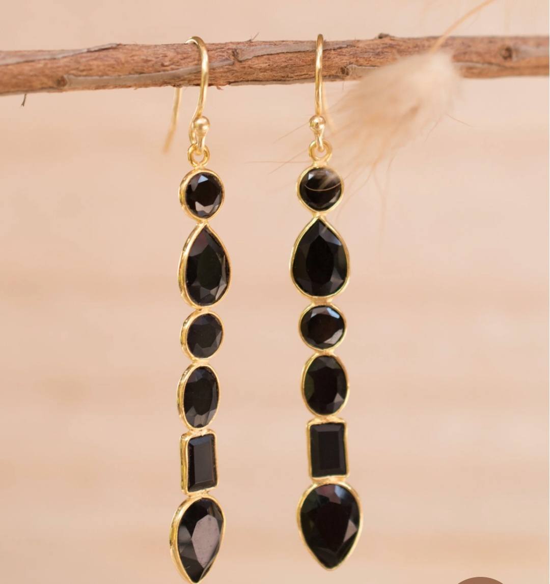 CILA Long Design Black Onyx Stud Earrings , 18K Goldplated