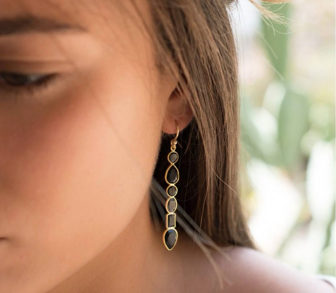 CILA Long Design Black Onyx Stud Earrings , 18K Goldplated