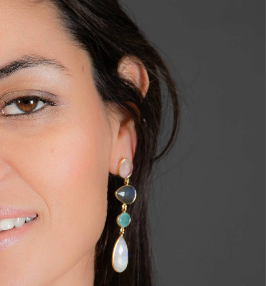 CILA Long Design Earrings w/ Aqua Calcedony, Rose Quartz, Labradorite, Moonstone , 18K Goldplated