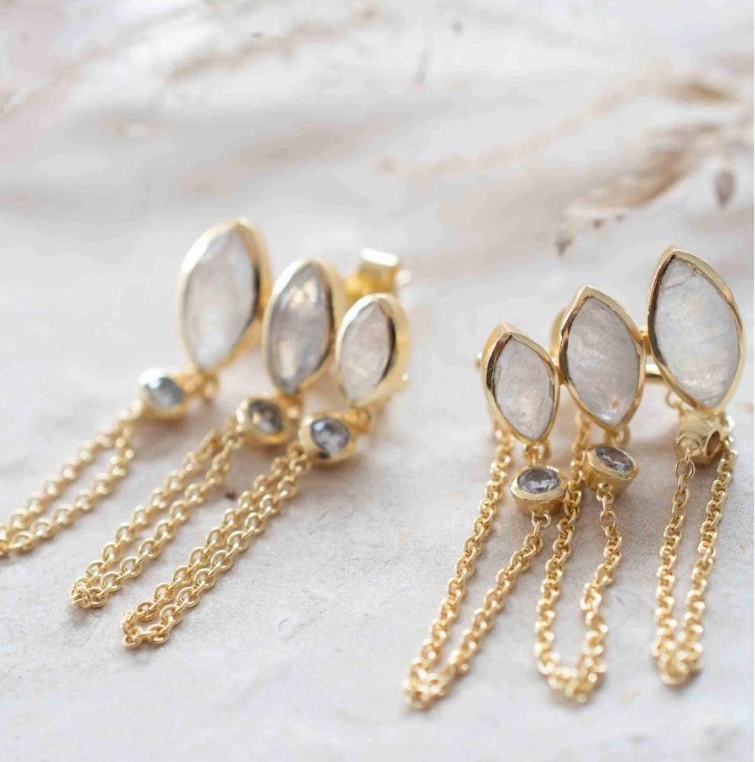 CILA Design 3 stone Moonstone & Zircona Stud Earrings ,18K Goldplated