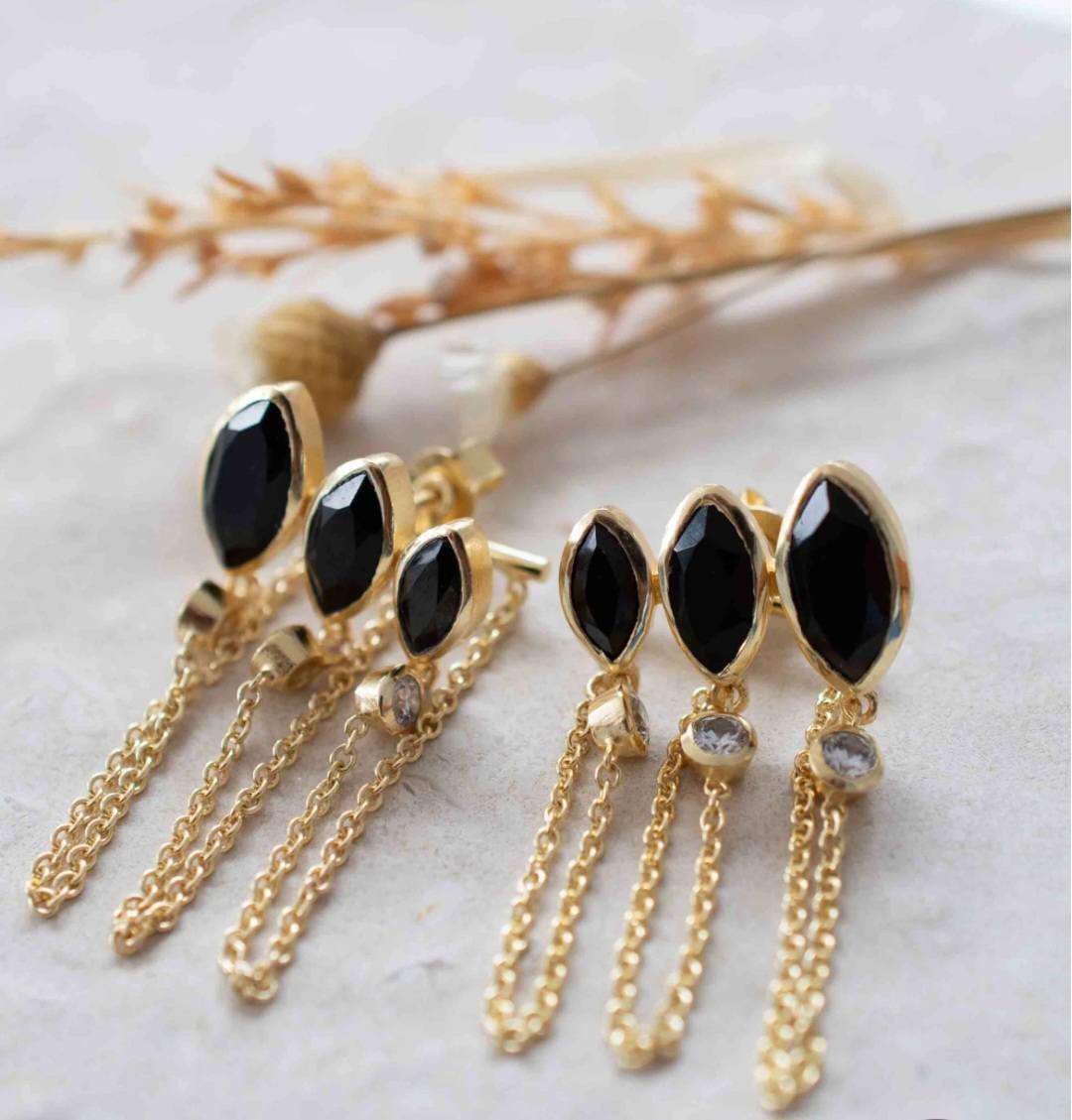 CILA Design Black Onyx & Zircona Stud Earrings , 18K Goldplated