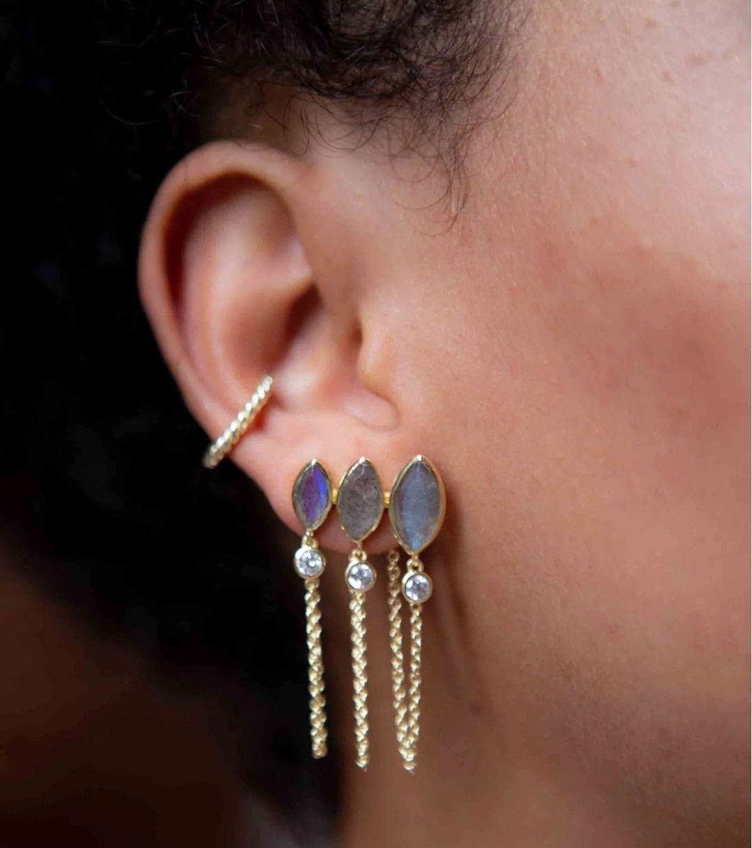 CILA Design 3 stone Labradorite & Zircona Stud Earrings , 18K Goldplated