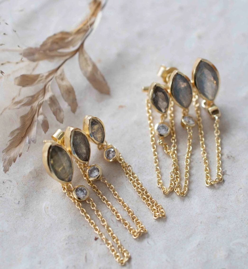 CILA Design 3 stone Labradorite & Zircona Stud Earrings , 18K Goldplated