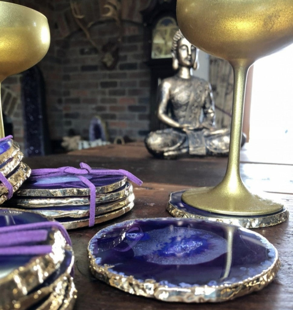 Purple Brazilian Agate 24ct Gold Edge, Gilded, Microcrystalline Quartz Premium Coasters (Set of 4)