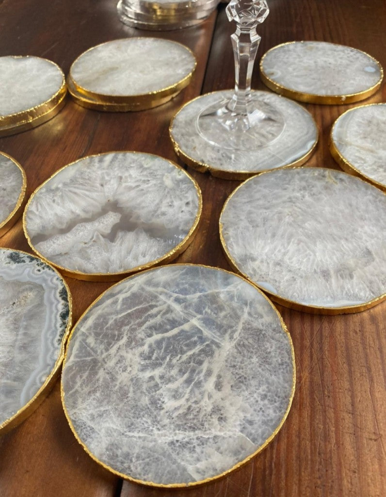 White Salt Brazilian Agate 24ct Gold Edge, Gilded, Microcrystalline Quartz Premium Coasters (Set of 4)