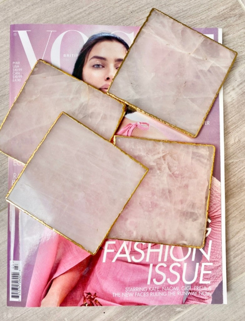 Rosenkvarts Coaster skiver med gullkant, 10mm tykk kant. stk. pris