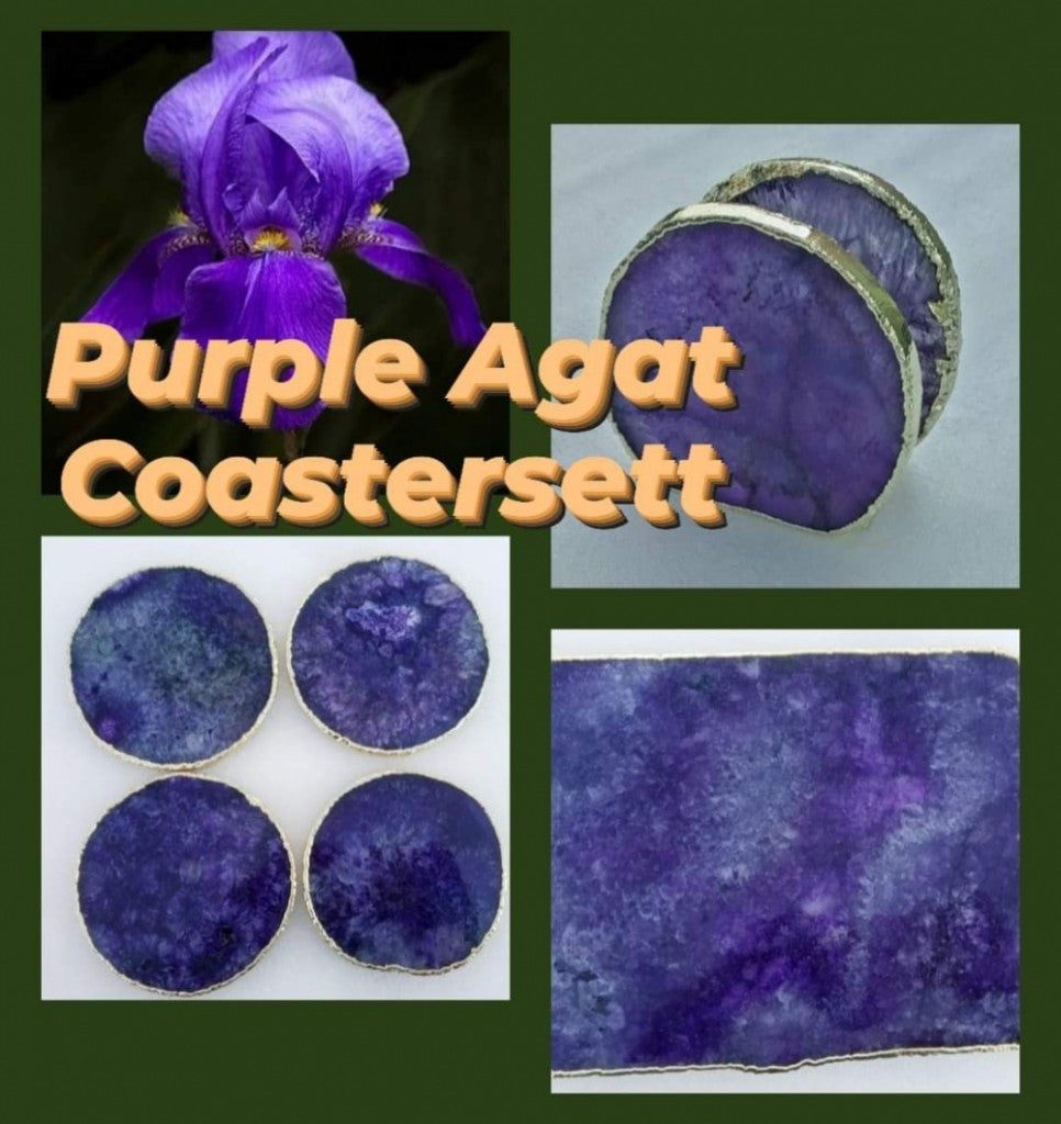 Vakkert Gold Electroplated Purple Agat Aqua Coastersett m/ 1 stk. Platter Coaster ( ca 27x18cm ) + 4 Coaster ( ca.10cm )