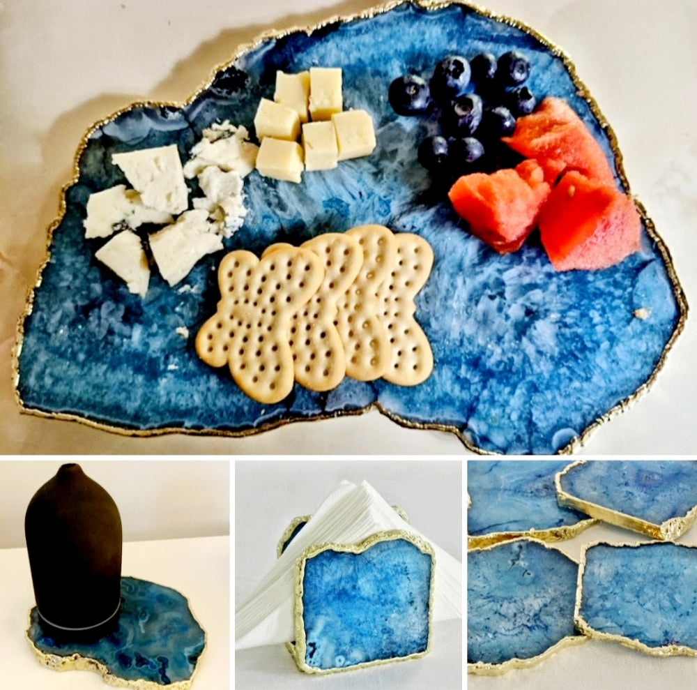 Vakkert Gold Electroplated Blue Agat Aqua Coastersett m/ 1 stk. Platter Coaster + 4 Coaster Bordbrikker og Serviettholde