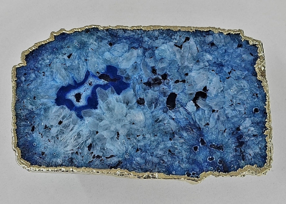 Vakker, hÅndlaget XL ( 28x18cm ) BlÅ Agat Coaster decorskive med gullbelagt kant fra India