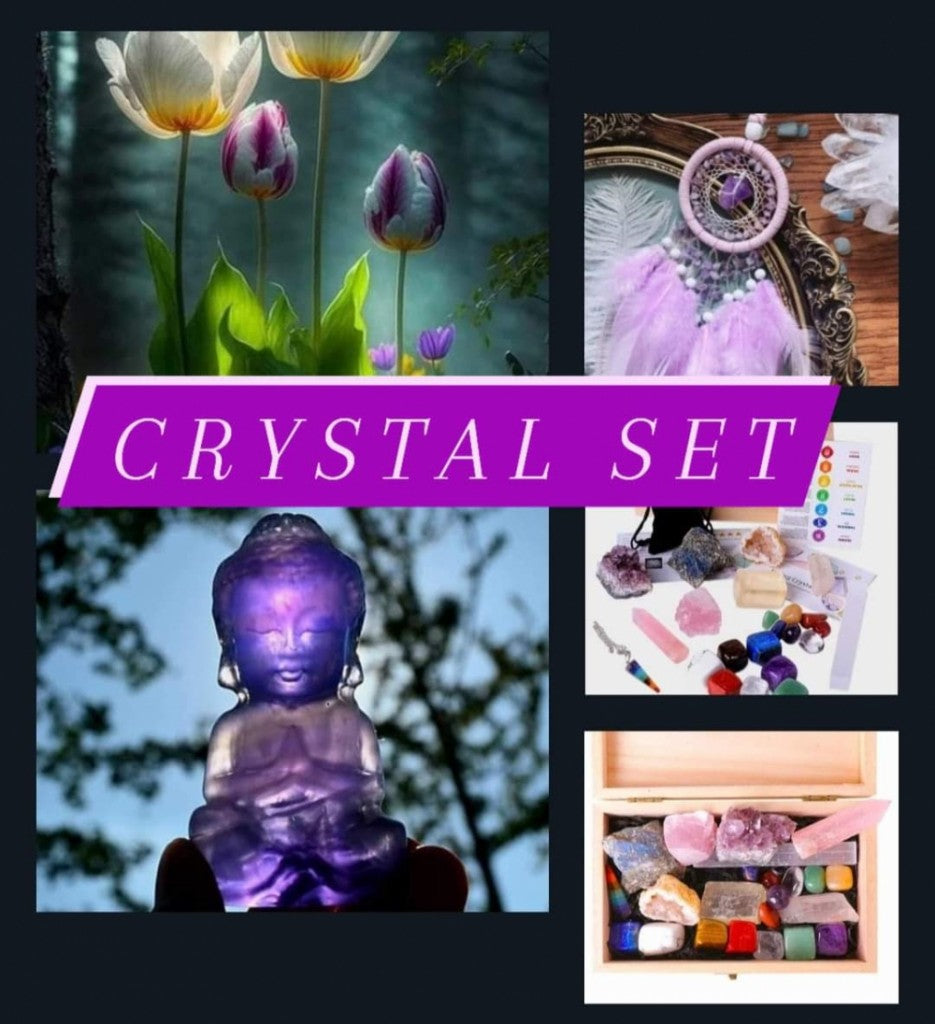 SUPERDEAL / Premium 23 deler Chakra Krystallsett inkl. Crystal Drømmefanger + Crystal Buddha