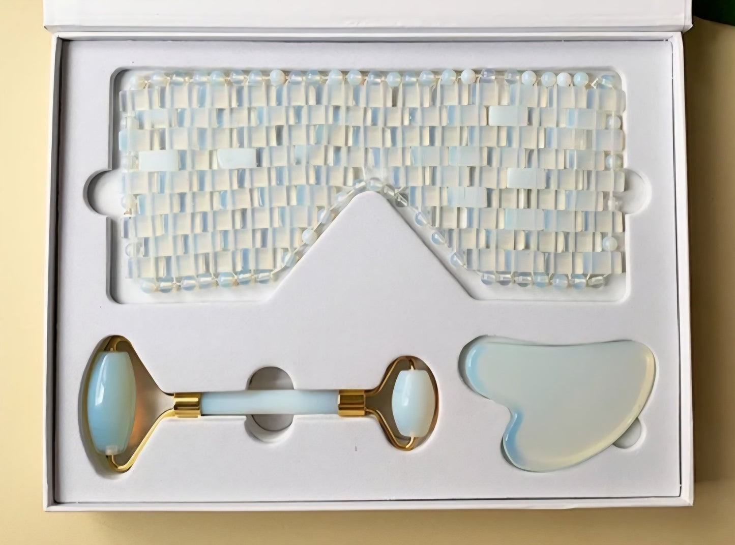 3 - 1 Opalite Quartz Eyemask Roller & Gua Sha Facial Spa Set