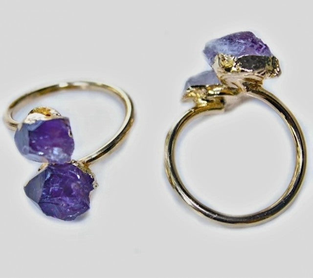 Nye og unike Two Stone - Raw Ametyst Design Ringer, Gold Electroplated