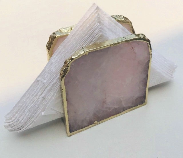 HÅndlagede 12mm ROSENKVARTS serviettholder med gullbelagt kant ( Gold Electroplated ), rommer ca. 20 servietter