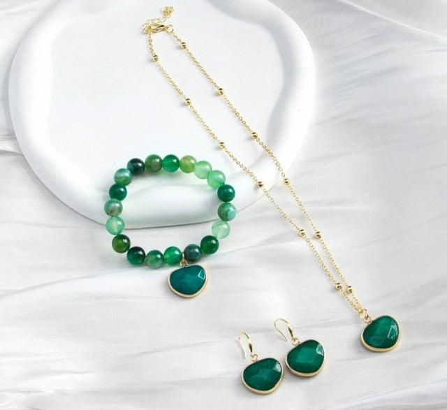 Nye 2025 Design Smykkesett m/Hjerteanheng ( Kjede, armbÅnd, øredobber ), Grønn Agate