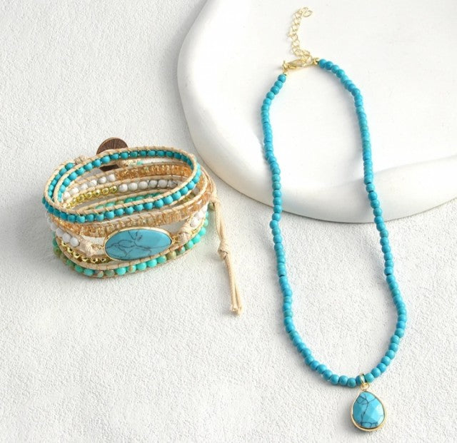 Nye Bohemian Design Single Row Necklace & BoHo Bracelet, Turquise