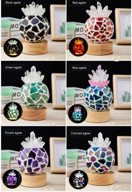 Ny, dekorativ Sort Agat & Clear Quartz Krystallampe i " Pineapple " Design