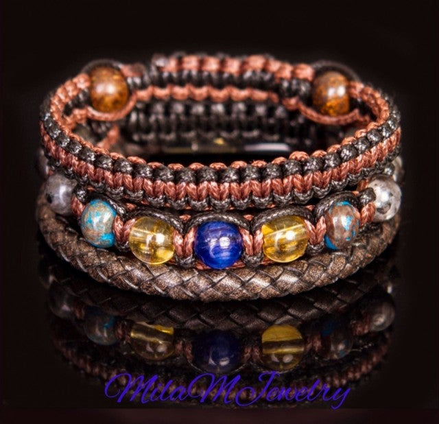 Trendy og Exclusivt Triple Shambhala ArmbÅnd, Triple Set Lapis Lazuli, Citrine, Larvikite og Jasper gemstone, justerbare