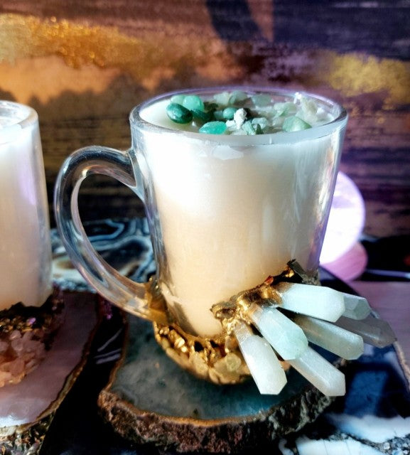 Crystal Exclusive Pack, håndlaget veganske 350ml Soyalys i designglass m/Green Agat Quartz krystaller +Free Agat Coaster