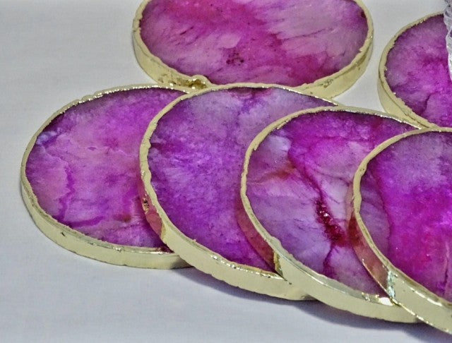 Nye Pink Agat Coasterskiver med Gold Electroplated 10mm tykk kant, round design stk. pris