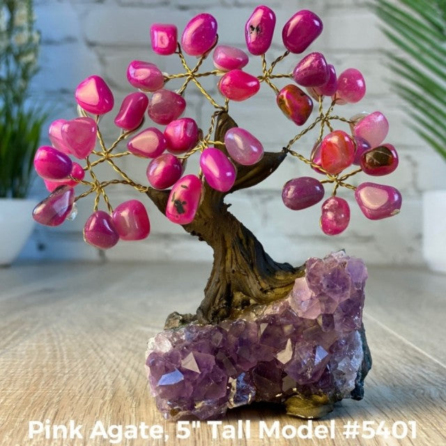 Vakre og eksklusive Feng Shui - Bonsai Lykketrær m/ ekte krystaller og Ametyst Clusterfot, ca. 12cm høy, Rosa - Lilla Ag