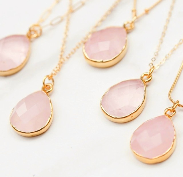 Nytt vakkert Rose Quartz Kjede med 20x15mm Tear Drop Anheng, 14k Gold Filled