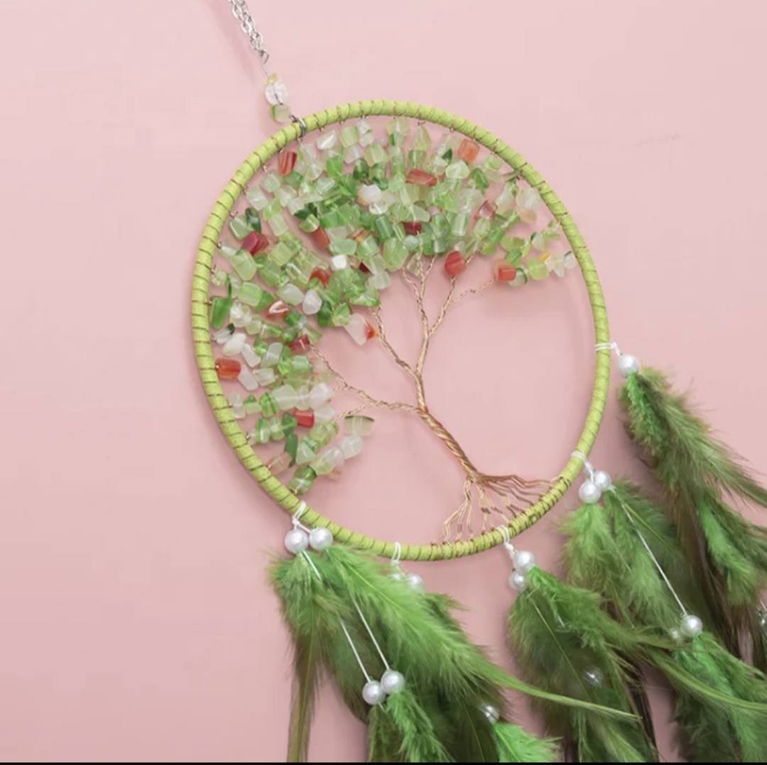 Vakker Indian Drømmefanger m/ledlys og Grønn Quartz Krystalldesign, 16x70cm, tofarget grønn andefjær