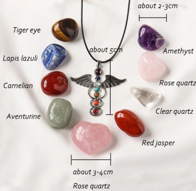 Nytt 7 Chakra Gavesett m/Rosekvarts Hjertekrystall og Chakra symbolkjede..