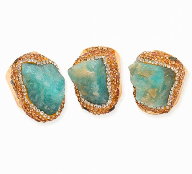 Superfancy Raw Amazonite & Rhinestone Ring, Gold Electroplated